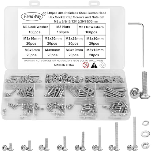 FandWay 640 Pièces Vis Boulon et écrous Rondelles M3,Vis à Six Pans Creux,Vis à Métaux Tête Bombée Hexagonale,Boulon a Tête Cylindrique en Acier Inoxydable 304,Avec 1 Clés Hexagonales.