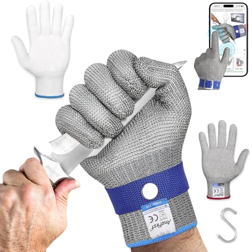 AmzFirst Schnittschutzhandschuhe küche Leistungsfähiger Level 9 Schutz Touchscreen Edelstahl Draht Metall Mesh Arbeitshandschuhe Kettenhandschuh Mandolinen Handschuhe 1 Stück größe 9/L