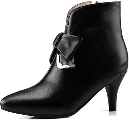 VOKLIN Womens Pointed Toe Bowtie Elegant Dressy Ankle Booties Zipper Stiletto Kitten Heel Dress Short Boots