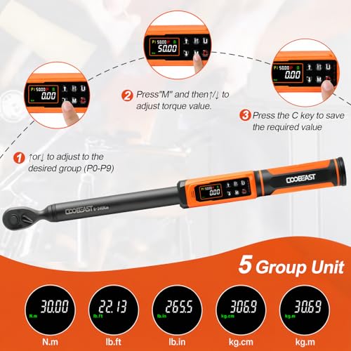 Image of Coobeast Digital Torque Wrench 1 /2 Drive, Adjustable Electric Torque Wrench Tool Set, Preset Value(3.76-250.8 Ft.lbs. /5.1-340Nm), Buzzer and LED Alert, Adapter&Extension Bar for Bike Motorcycle(Black)