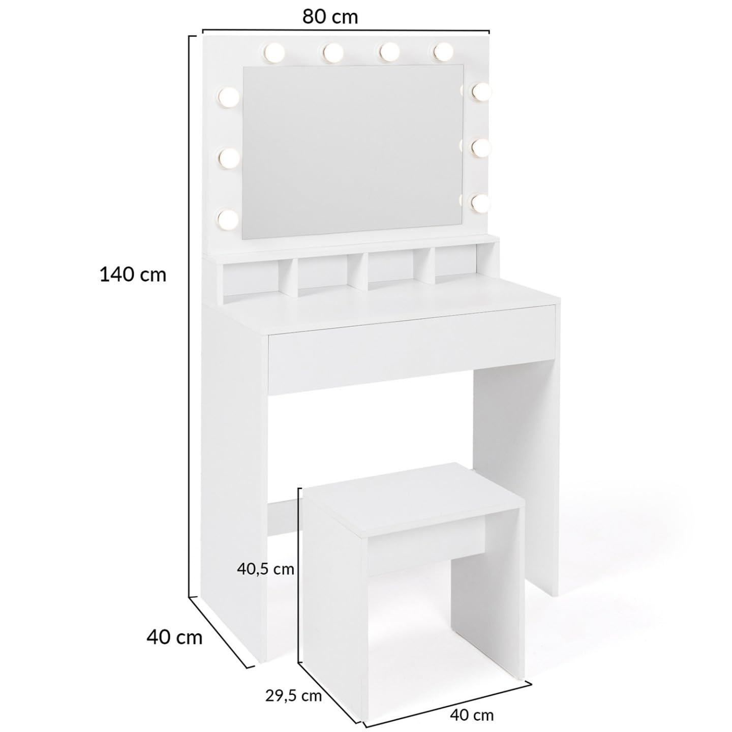IDMarket - Coiffeuse Zelia Miroir LED avec 4 niches, 1 tiroir et Tabouret