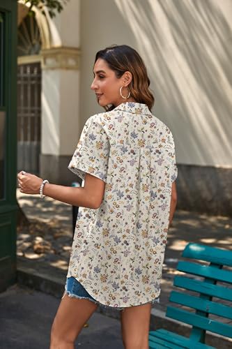 HOTOUCH Linen Button Down Shirt Women Short Sleeve Cotton Blouses V Neck Collared Summer Beach Tops S-2XL4