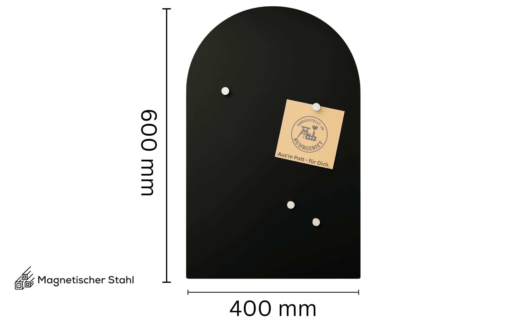 BEHE Metall Magnettafel Modern,40 x 60 cm, MetalBoard Memoboard für alle Magnete, Magnetpinnwand für Notizen & Fotos - Made in Germany (Rundbogen, schwarz)