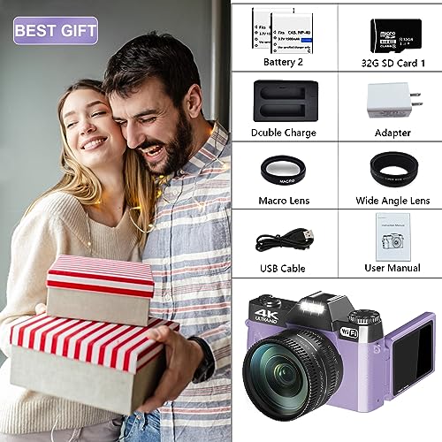 Digital Cameras for Photography, 4K 56MP Vlogging Camera 16X Digital Zoom Manual Focus Rechargeable Students Compact Camera with 52mm Wide-Angle & Macro Lens, 32G TF Card and 2 Batteries(Purple) - Image 8