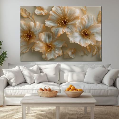Genérico Oro Decorativos Cuadro Relieve 3D Plantas Flores Moderno Cuadro Lienzo para Salón Dormitorio Comedor Oficina Decoración Pared 140x70 cm Sin Marco