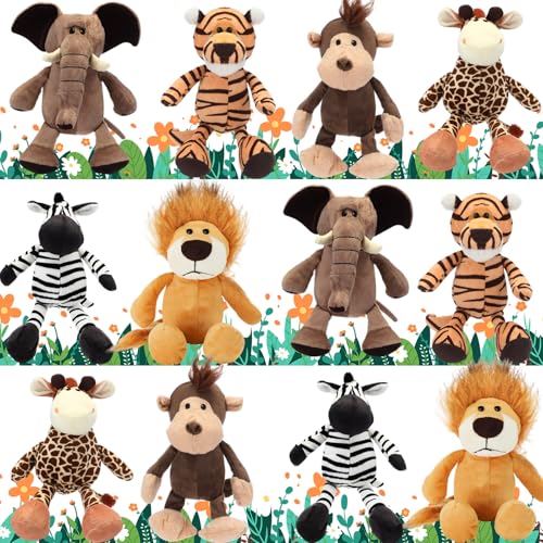 Image of HyDren 12 Pieces Safari Stuffed Animals 8 Inch Jungle Animal Toys Set Boys Girls Plush Forest Animals Lion Elephant Zebra Giraffe Tiger Monkey for Zoo Animal Party Teacher Student Award