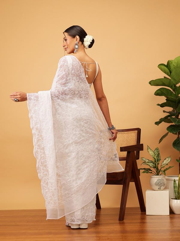 Image of Ada Hand Embroidered Lucknowi Chikankari Georgette Saree for Women with Unstitched Blouse Piece Tepchi Saree-3590