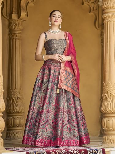 Image of PURVAJA Women's Kanjiwaram Semi-Stitched Lehenga choli