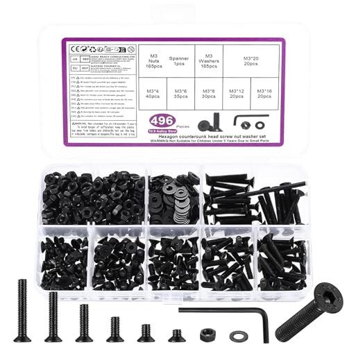 496 Stück M3 Schrauben Set, M3 Senkkopfschrauben Set, Flachkopf Innensechskantschrauben Muttern Set, Maschinenschrauben mit Muttern und Unterlegscheiben Set Schwarz, Gewindeschrauben und Muttern Set