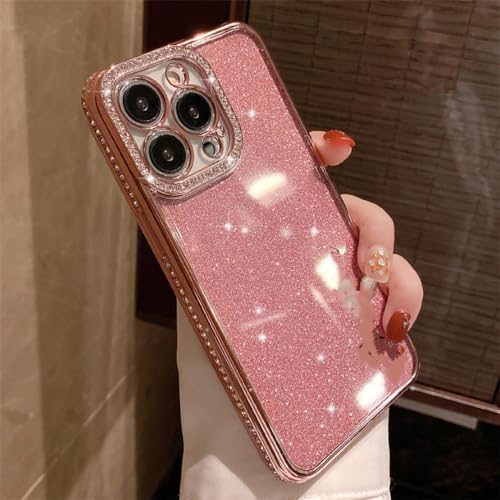 Coque de téléphone à paillettes iPhone 15 antichoc avec dos plaqué diamant rose