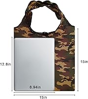 Vista 6 de Aricsen Paquete de 10 bolsas de compras reutilizables de camuflaje de 15 x 4.5 x 15 pulgadas con asas a granel, plegables extragrandes resistentes