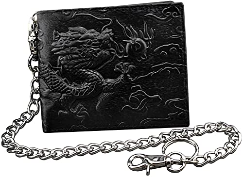 Balck Men Real Leather Vintage Dragon Wallet with Chain Card Holder Purse (horizontal style) black