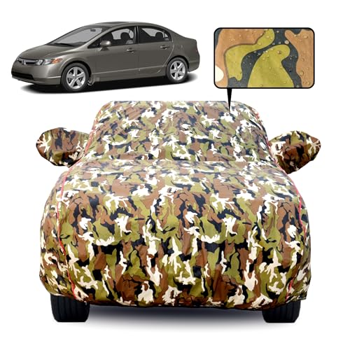 Image of Waterproof Car Body Cover for Honda Civic (2008-2017) with Mirror Pocket, Soft Cotton Lining, Triple Stitched, Full Bottom Elastic (Heat Resistant Jungle Print with Red Piping)