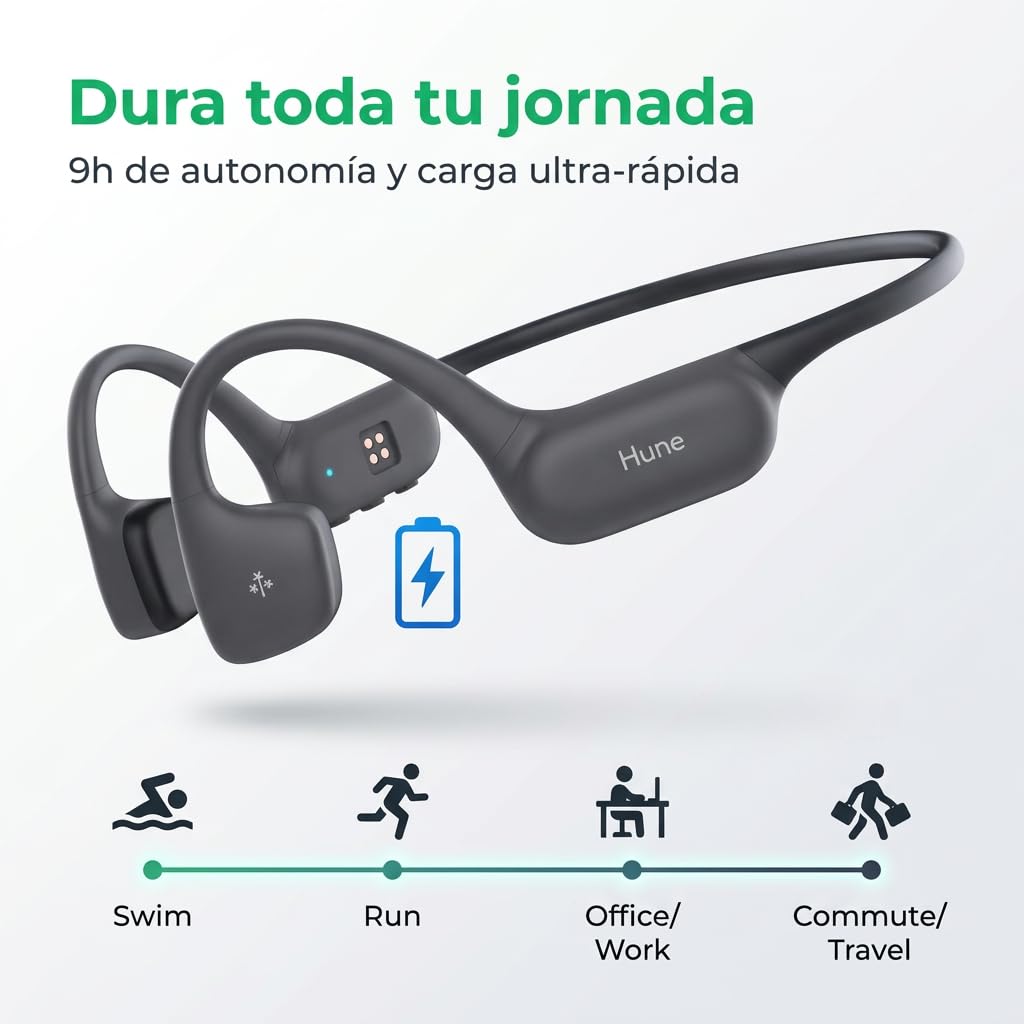 HUNE Ola - Cuffie a conduzione ossea, IP68, per nuoto e corsa, Bluetooth 6, orecchio aperto, autonomia 9h, ricarica rapida, memoria da 32 GB, plastica riciclata