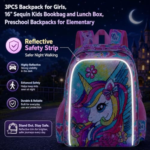 Image of 3PCS Unicorn Backpack for Girls, 16 inch Kids Bookbag with Lunch Box，Sequins School Bags for Elementary Preschool Kindergarten (Pink)