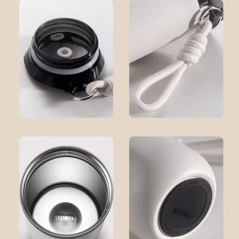 Image of Stainless Steel Travel Coffee Mug 400ml Vacuum Insulated Thermal Cup with Lid and Carry Strap Leak Proof Double Wall Tumbler for Hot and Cold Drinks Office Desk Car Home Outdoor Use
