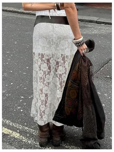 GORGLITTER Women's Y2k Lace Ruffle Sheer Long Skirt Mesh Asymmetrical Flowy High Waisted Maxi Skirts3