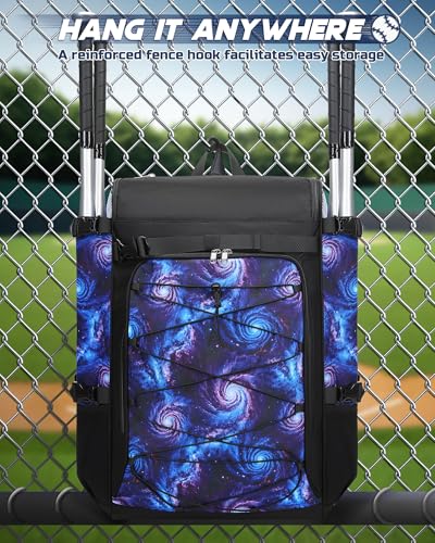 FOKDUVB Baseball Softball Catchers Gear Bag for Helmet Chest Protector Leg Guards Cleats Large Baseball Softball Bat Backpack for Boys Girls Catchers Equipment Bag for Youth Adult Black Purple Galaxy - Thumbnail 7