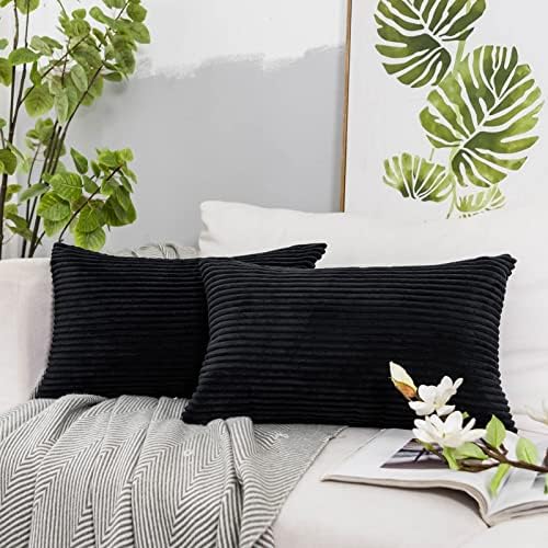 JUSPURBET Decorative Rectangle Throw Pillow Covers 16X24,Pack of 2 Corduroy Black Pillow Covers for Sofa Couch Bed,Super Soft Solid Striped Cushion Case
