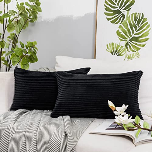 Juspurbet Decorative Rectangle Throw Pillow Covers 16X24,Pack Of 2 Corduroy Black Pillow Covers For Sofa Couch Bed,Super Soft Solid Striped Cushion Case #TOP24