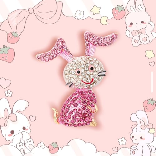 Image of Rabbit Pin,Easter Pins,Rhinestone Pink Rabbit Animal Brooch for Women,Cute Crystal Cartoon Bunny Brooches Lapel Pins Clothing Dress Accessory Birthday Easter Holiday Jewelry Gift