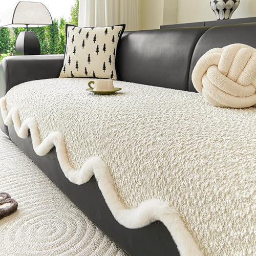 新しい冬用ソファカバー、ふわふわの縁取り付き、ペットに優しく洗濯機で洗える滑り止め付き、l字型やセクショナルリビングルーム家具用プロテクター white 70*120cm
