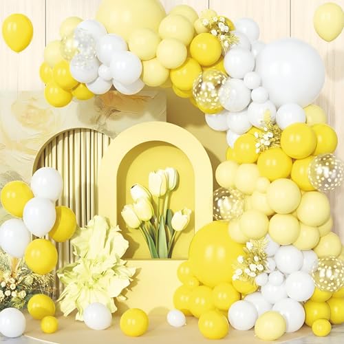 Image of Yellow and White Balloon Garland Kit, 47 Pieces, Party Decoration Set with Floral Accents, 250 cm Arch Design
