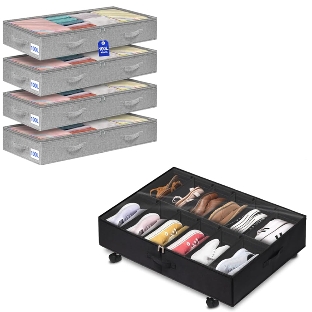 punemi100L Under Bed Storage Containers Under Bed Shoe Storage Organizer With Wheel & Adjustable Dividers