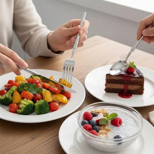 Image of Elegant Handle Silver 20 Pcs Heavy Duty Stainless Steel Cutlery Set for Dining Table (4 pcs Spoon Set+4 pcs Forks Set+4 pcs Butter Knife+4 pcs Dessert Spoon+ 4 Pcs Fuit Fork for Kitchen)