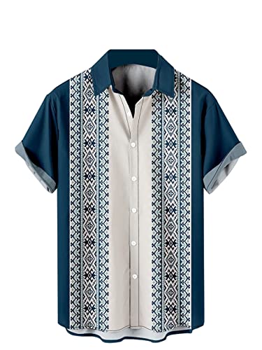 Bowling Shirts For Men Hawaiian Short Sleeve Button Down Shirt Renaissance Vintage Striped Printed Summer Casual Beach Aloha Shirts #TOP4