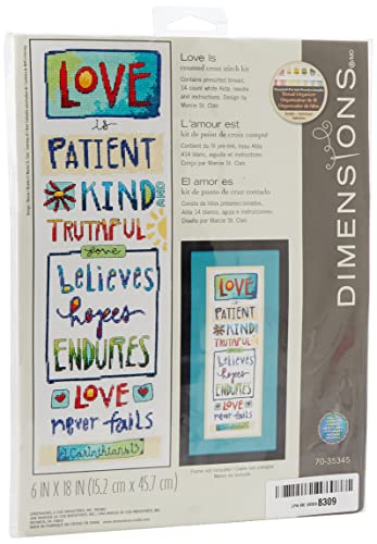 Dimensions 70-35345 'Love Is' Counted Cross Stitch Kit for Beginners, 14 Count White Aida Cloth, 6'' x 18'', Blue