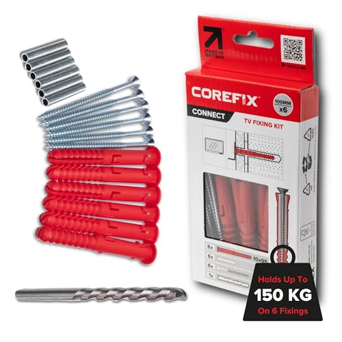 Corefix 6 x 100mm TV Wall Fixings With Drill Bit Included - Plasterboard Over Blockwork Wall Plugs And Screws For Hanging Wall Mounted TVs - Reinforced Steel Core Holds 150kg on 6 Fixings