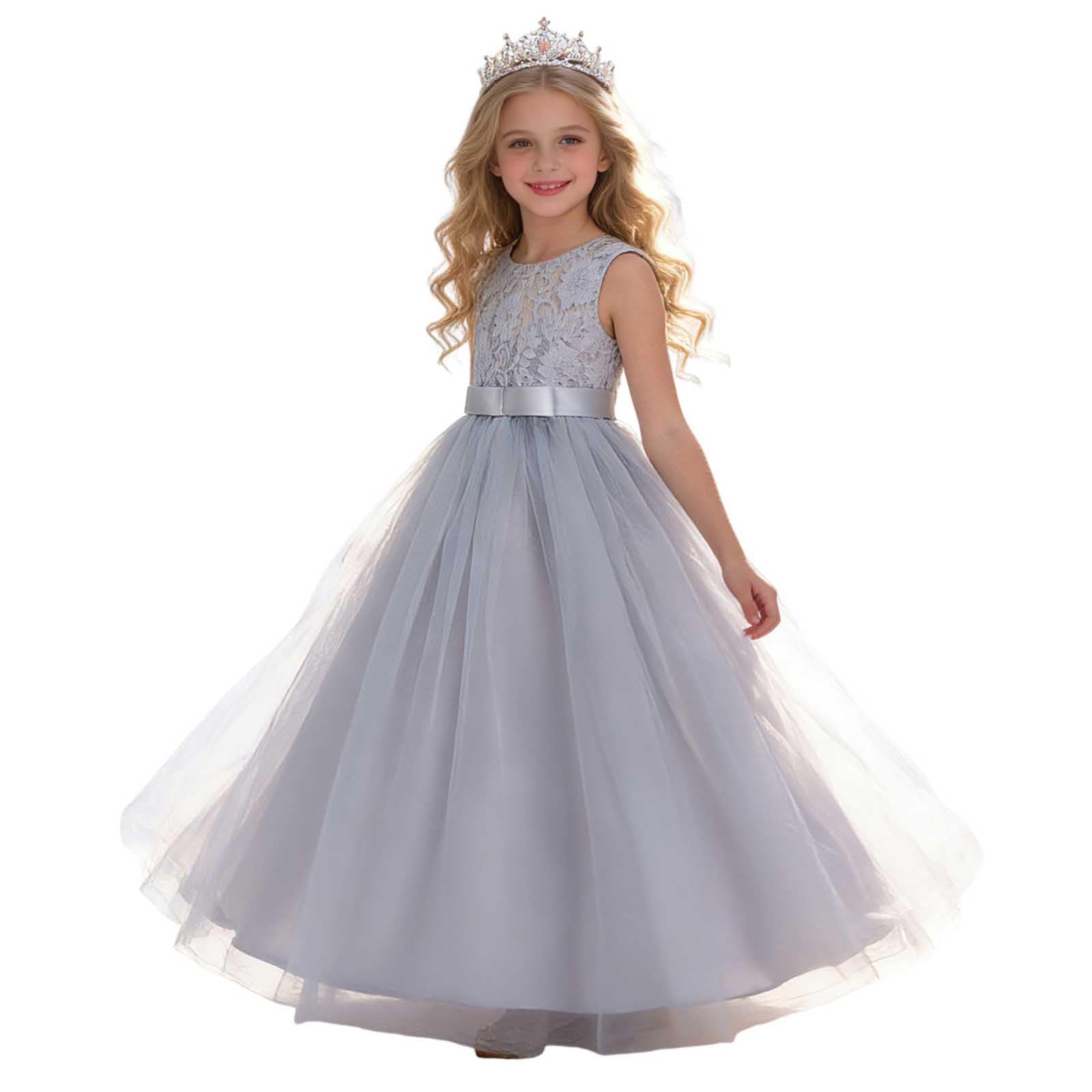 Girls Prom Dress Lace Bodice Tulle Maxi Dress Kids Sleeveless Satin Waist Princess Gown Elegant Style Fancy Dresses Wedding Pageant Birthday Party Formal Wear 7 Years Gray