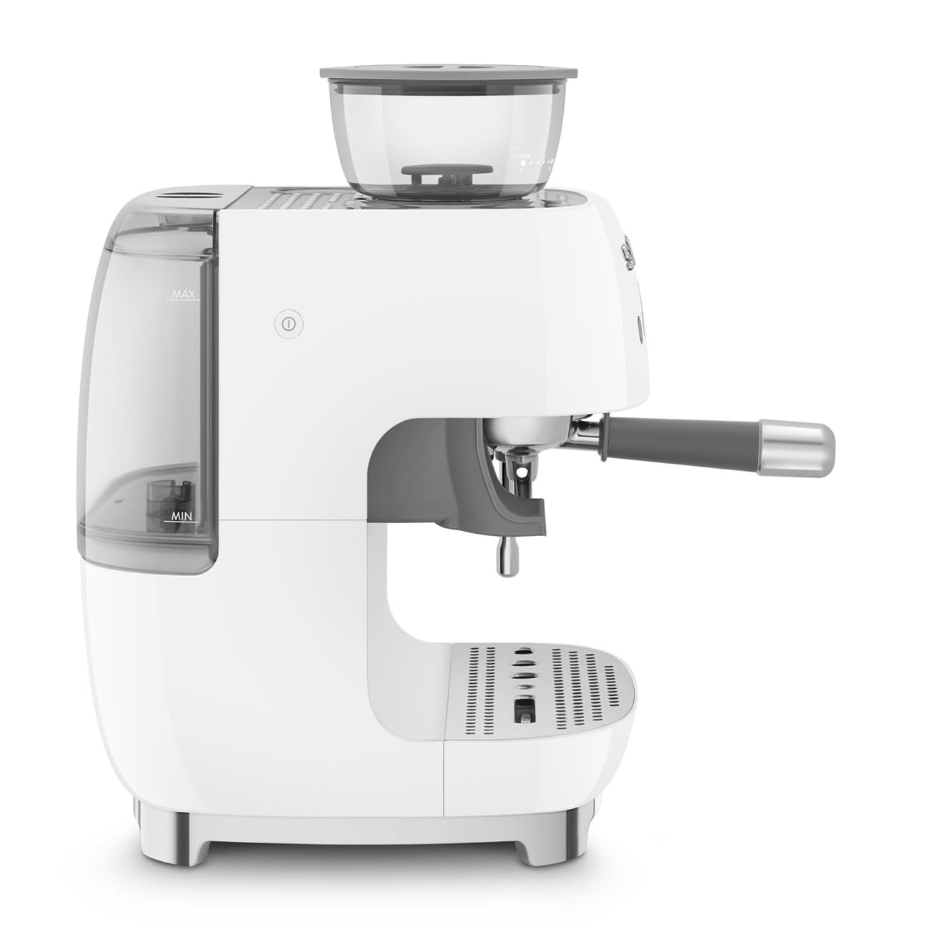Smeg, EGF03WHEU, manuelle Espressomaschine, mit integrierter Kaffeemühle, Thermoblock, 4 Temperaturstufen, Dampfdüse und Druckmesser, 1-l-Tank, kompakte Größe, 1350 W, Weiß