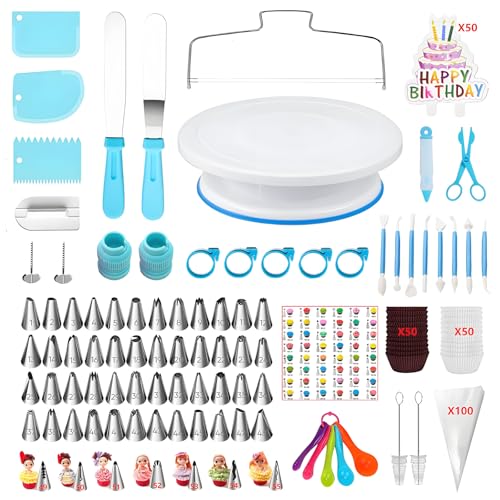 ANSLYQA 340 Pcs Cake Decorating Kit, with Cake Turntable,48 Numbered Icing Tips,7 Numbered Korean Skirt Piping Tips,2 Spatulas,3 Comb Scrapers,100 Pastry Bags,100 Paper Cupcake Liners