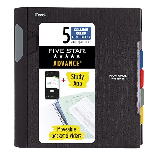 Five Star Advance Spiral Notebook + Study App, 5 Subject, College Ruled Paper, 8-1/2' x 11', 200 Sheets, Spiral Guard, Movable Tabbed Dividers, Black (73144)