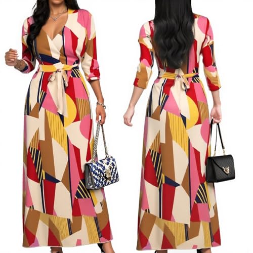 Image of Women's Church Maxi Wrap V Neck 3 /4 Sleeve Tie Waist Plus Size Long Dress | Flattering wrap V-neck design enhances curves. High elastic tie waist accentuates the slimmest part, hides tummy.