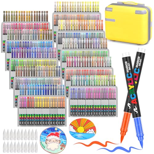 Laconile 360 Couleurs Feutre Acrylique, stylos acryliques à pointe pinceau pour le coloriage adulte ，Acrylic Paint Markers pour Coloriage, Calligraphie, Bois, Toile, Verre, Céramique (360)