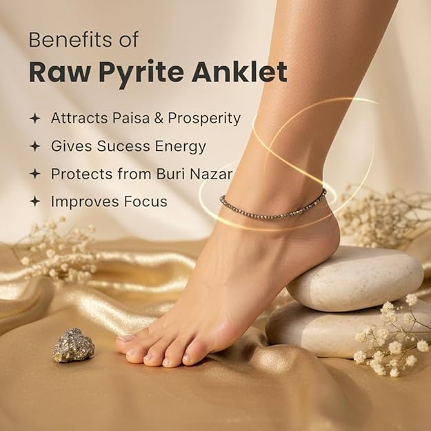 Image of Arihant Gems & Jewels Original Raw Pyrite Anklet for Men & Women | Money Magnet for Wealth, Success & Prosperity | Adjustable Crystal Healing Anklet for Good Luck, Positive Energy & Financial Growth.
