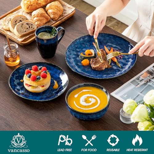 Image of vancasso Starry 16 Pieces Dinnerware Set for 4, Reactive Glaze Blue Stoneware Plates and Bowls Set, Dishes Set with Mugs for 4, Microwave & Dishwasher Safe