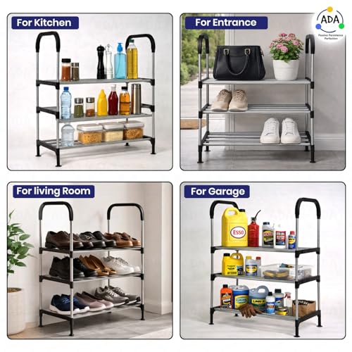 Image of ADA Premium Multipurpose Shoe Rack | 3-Tier Shoe Storage Organizer, Compact Space Saver, Sturdy & Durable Rack for Entryway, Living Room, Bedroom & Closet - Black & Grey