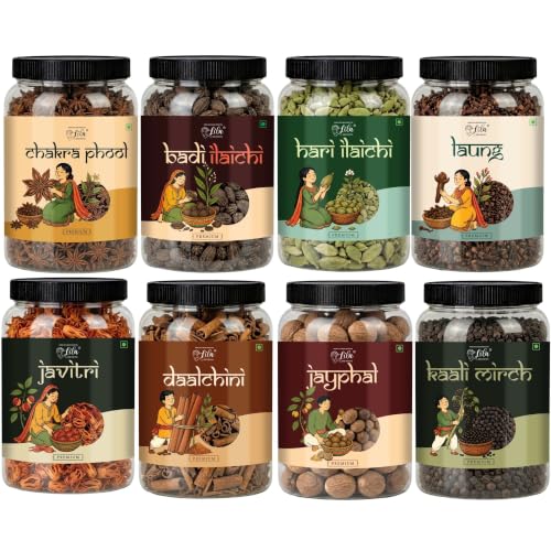 Image of LILA DRY FRUITS Indian Premium Whole Spices Masala Combo | Badi Elaichi, Hari Elaichi, Dalchini, Laung, Kali Mirch, Chakri Phool, Javitri & Jaiphal 100 Gms Each