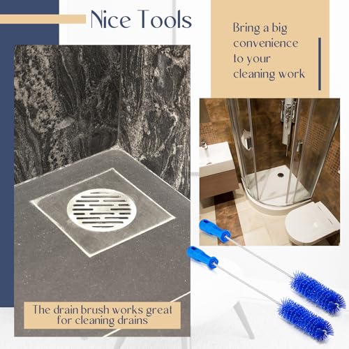 Image of Baderke 2 Pcs Drain Brush Pipe Cleaning Tube Brush, Blue, 19.7 x 1.5 Inch | Nylon Long Tube Cleaner, 2 Inch Drain Scrubber, PVC Shower Pipe Brush for Kitchen Sink, Water Bottle, Flexible Cleaning Tool