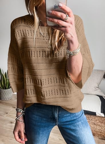 SHEWIN Sweaters for Women Causal 3/4 Length Sleeve Womens Top Oversized Tunic Sweater Spring Tops2