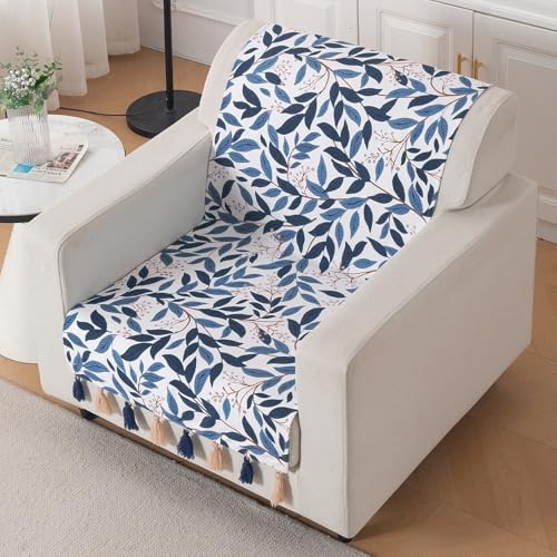 Image of HOKIPO Printed Holland Velvet Sofa Cover with Tassels for 1 Seater Sofa | Full Protection for Sofa Seat and Back | 'Whispers of Nature' (160x60 cm), Indigo Foliage (IN-1125-D10)