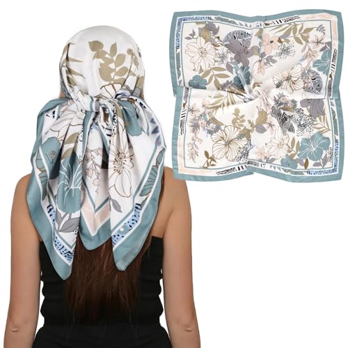 EXTREE Women's 35 inch Fashion Headscarf Silk Satin Scarf for Hair Wrapping at Night Bandana Square Scarf for Sleeping Hundred Flowers Light Blue Twill