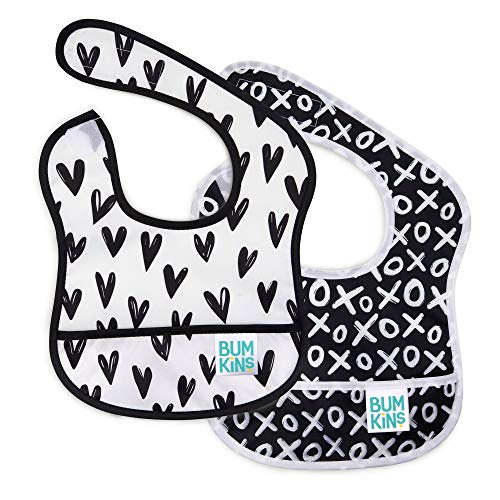 Image of Bumkins Bibs, for Baby Girl or Boy, Infant 3-9 Months, Essential Must Have for Eating, Feeding, Baby Led Weaning, Mess Saving Waterproof Soft Fabric, Starter Bib 2-pk Hearts, XOXO Black and White