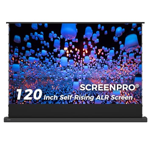 Image of SCREENPRO 120 inch Tensioned Floor Rising Projector Screen, Motorized Pull Up ALR Projector Screen with Remote, 16:9 Electric Home Theater Screen for 4K Projector