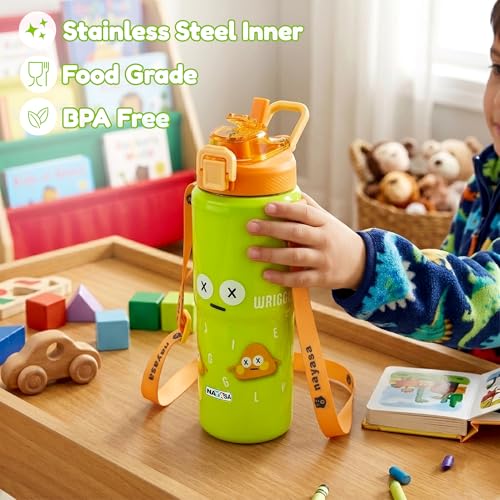 Image of Nayasa Kiddy Duo-Sip Insulated Inner Steel Kids Water Bottle 700-635ml | Dual Drinking Options | BPA-Free & Food Safe | Wriggly Jiggly Print | With Strap, Carry Handle - Green