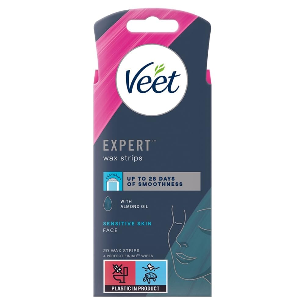 VeetExpert Waxing Strips for Sensitive Skin - 20 Cold Wax Strips & 4 Finish Wipes for Eyebrow, Facial Hair Removal - Hydrating, Exfoliating, Ideal for Face